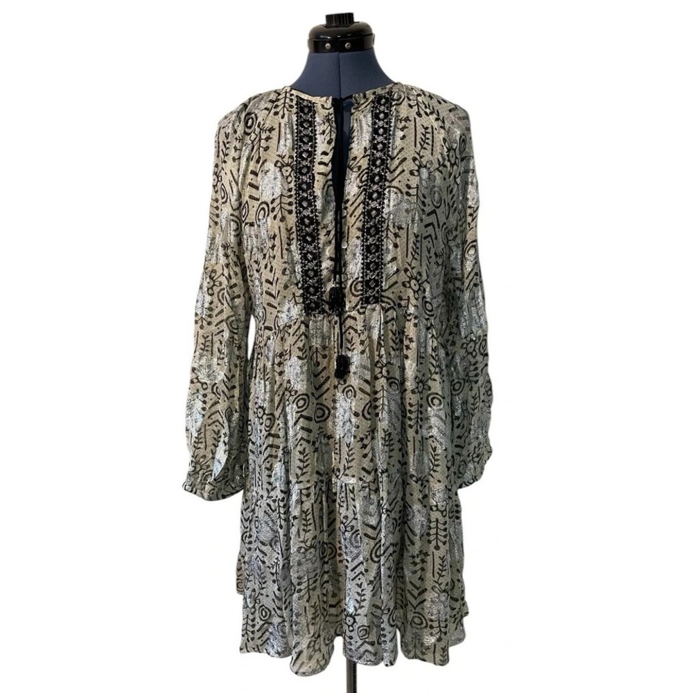 Zara Mini Tunic Dress Green Silver‎ Oversized Balloon Sleeve Tier Boho Peasant S